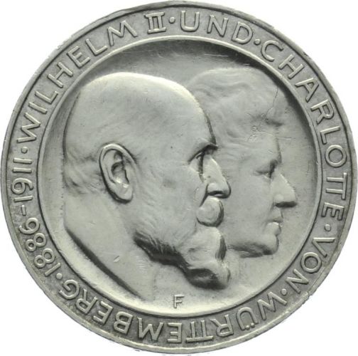 Württemberg 3 Mark 1911 F Wilhelm II. &amp; Charlotte